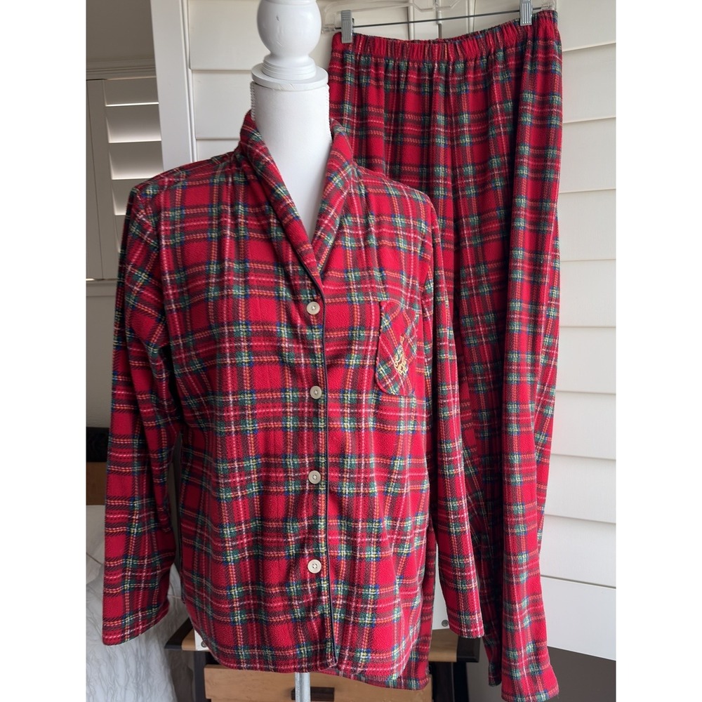 Lauren Ralph LRL Womens L Red Plaid Pajama Set Soft Plush Tartan Christmas